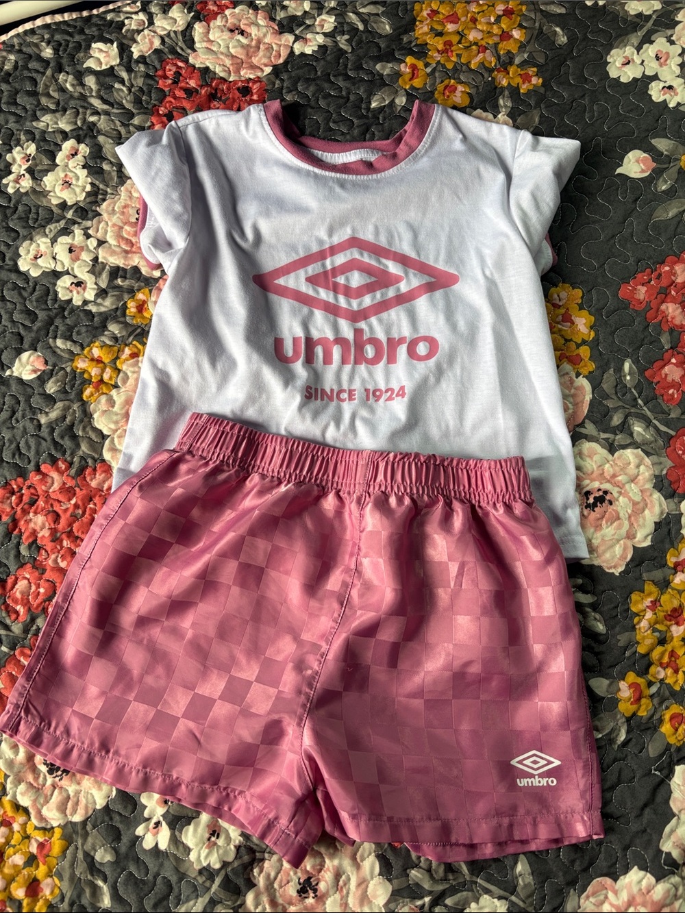 Umbro White & Pink Logo Tee with Pink Checkered Shorts